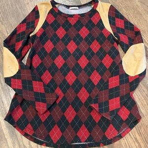 12 Pm By Mon Ami Red and Black Argyle Sweater with Tan Elbow Patches